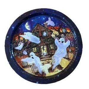 Vtg Metal Tray Haunted House Halloween Treat Candy Plate Serving Platter 10.5”